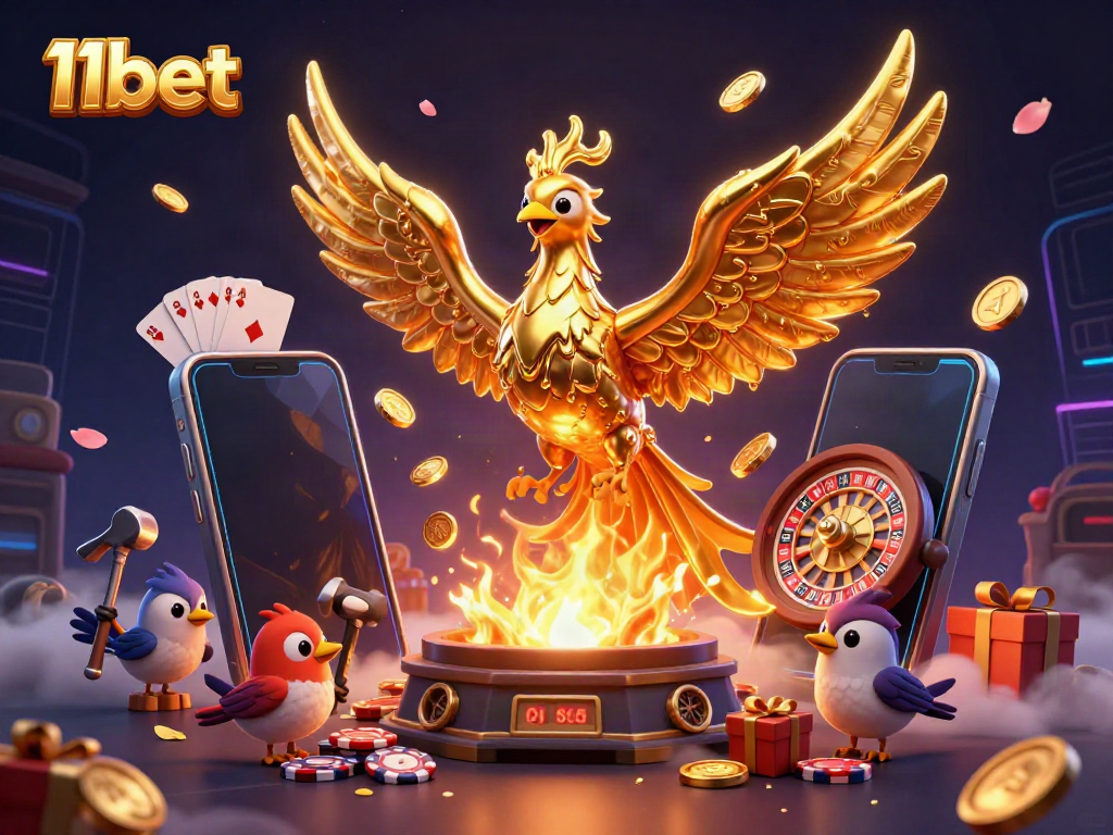 Experience 11bet's dynamic casino world with golden phoenix, gaming elements, and rich visuals.