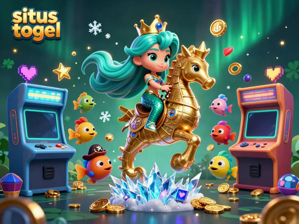 Engage with situs togel in a vibrant 3D casino scene featuring a mermaid princess and colorful characters.