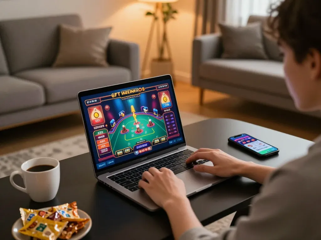Player engaging with the 68gamebaivn online gaming interface on a laptop in a cozy home setting.