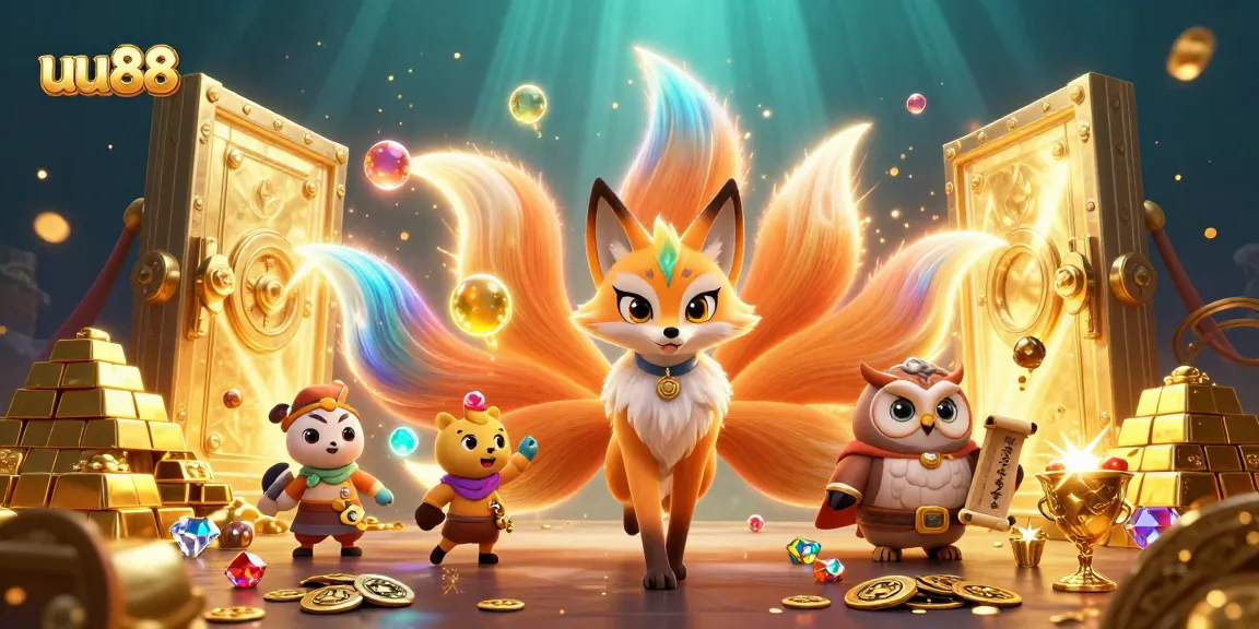 Experience the thrill of gaming with uu88 in a vibrant, enchanting 3D illustration featuring a nine-tailed fox and treasures.