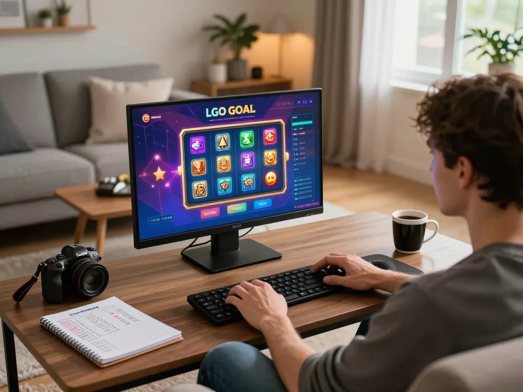Engaging in LGO GOAL gameplay on a vibrant slot machine interface during a cozy home session.
