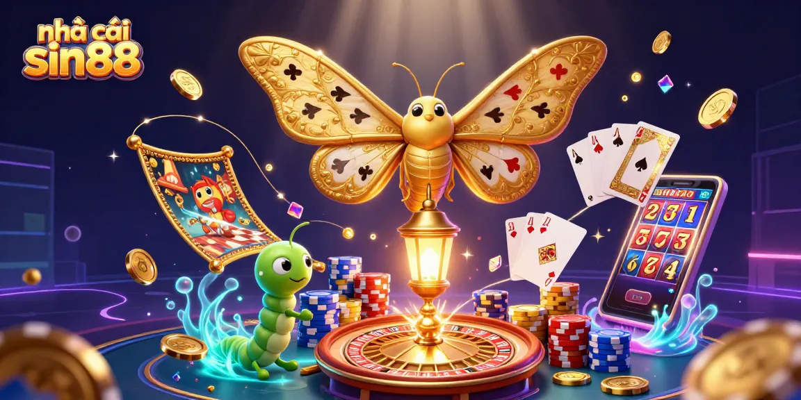 Experience excitement at nhà cái sin88 with a vibrant scene of a moth, casino games, and sparkling treasures.