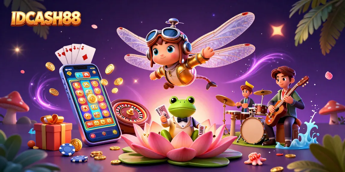 IDCASH88 showcases a lively casino scene with dynamic characters, slot games, and vibrant decorations.