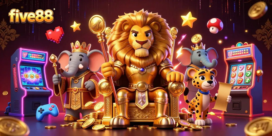 Experience thrilling gameplay with five88 in a vibrant casino scene, featuring a lion king, royal armor, and gold.