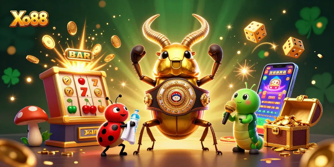 Xo88 showcases a lively 3D cartoon scene featuring a golden stag beetle and gaming elements.