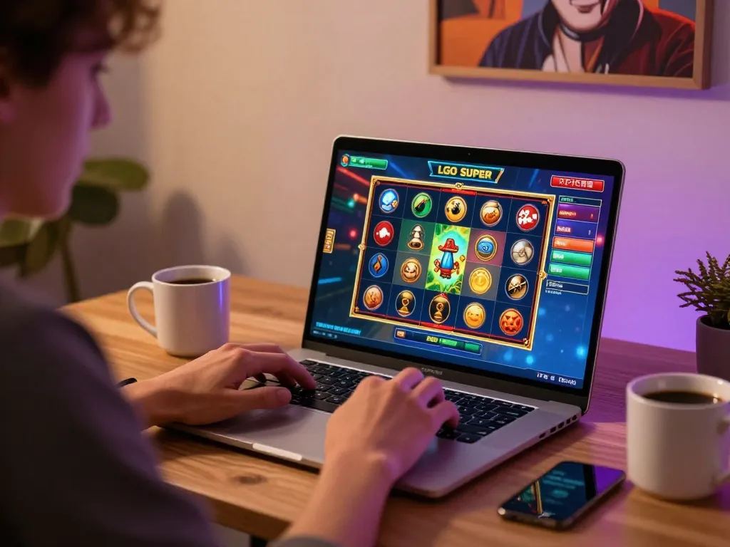LGO SUPER gaming action on a laptop with vibrant graphics in a cozy home office