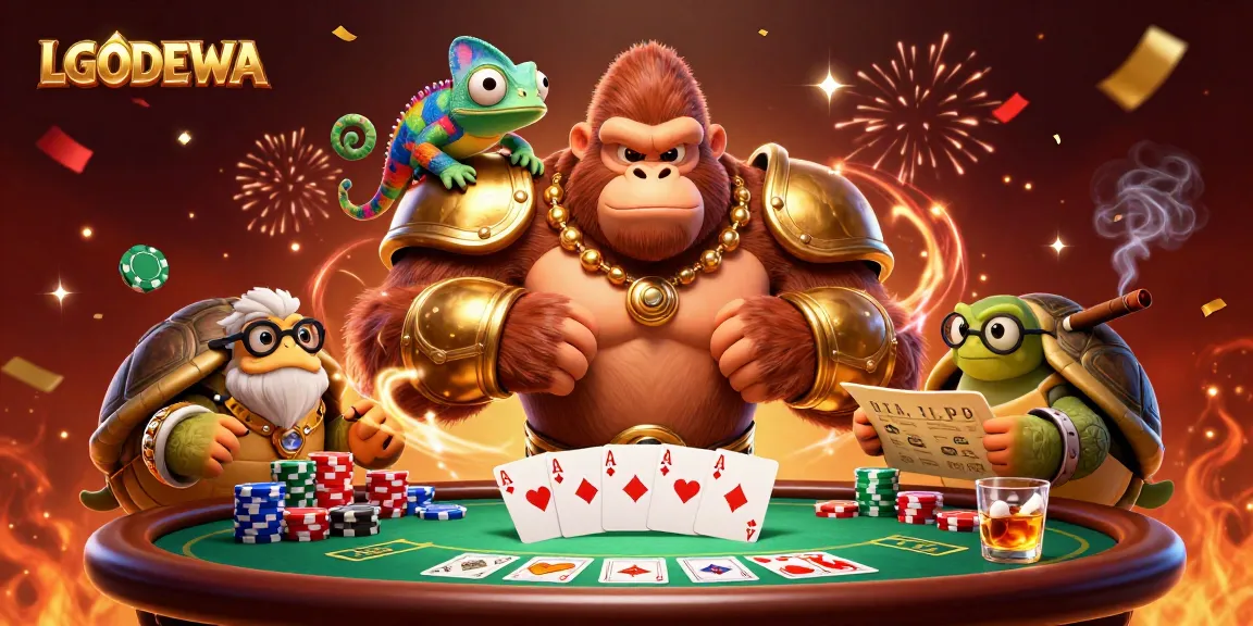 Experience LGODEWA's thrilling poker showdown with vibrant characters and epic casino elements.