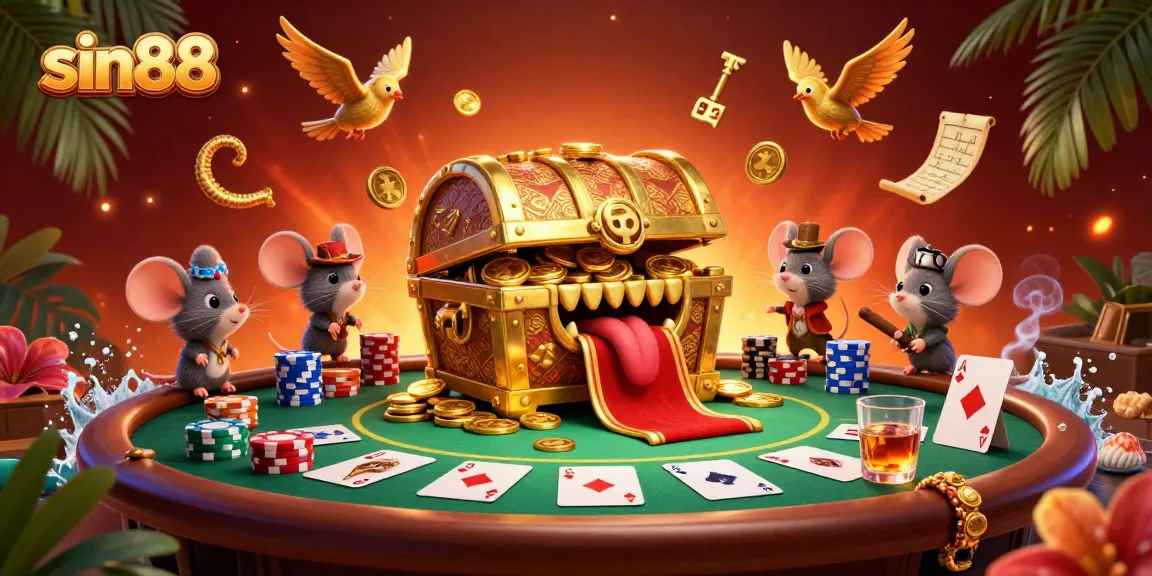 Experience sin88's thrilling adventure with a golden treasure chest and poker elements.