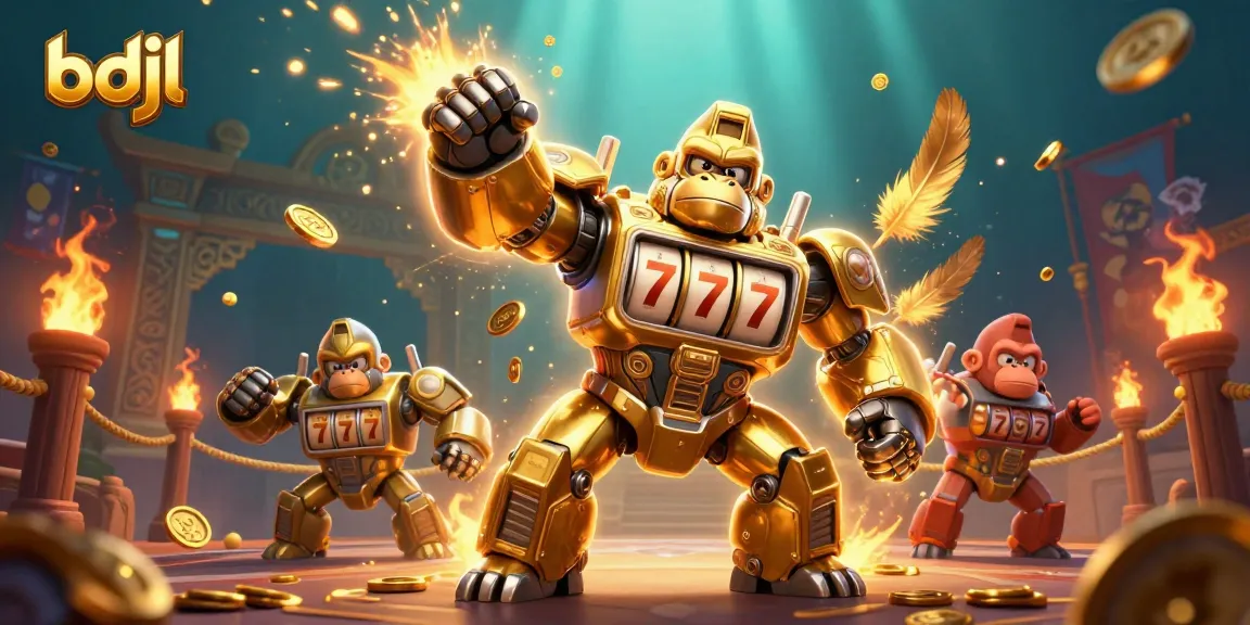 Battle with the bdjl gorilla mech in a vibrant casino-themed setting full of gold coins.