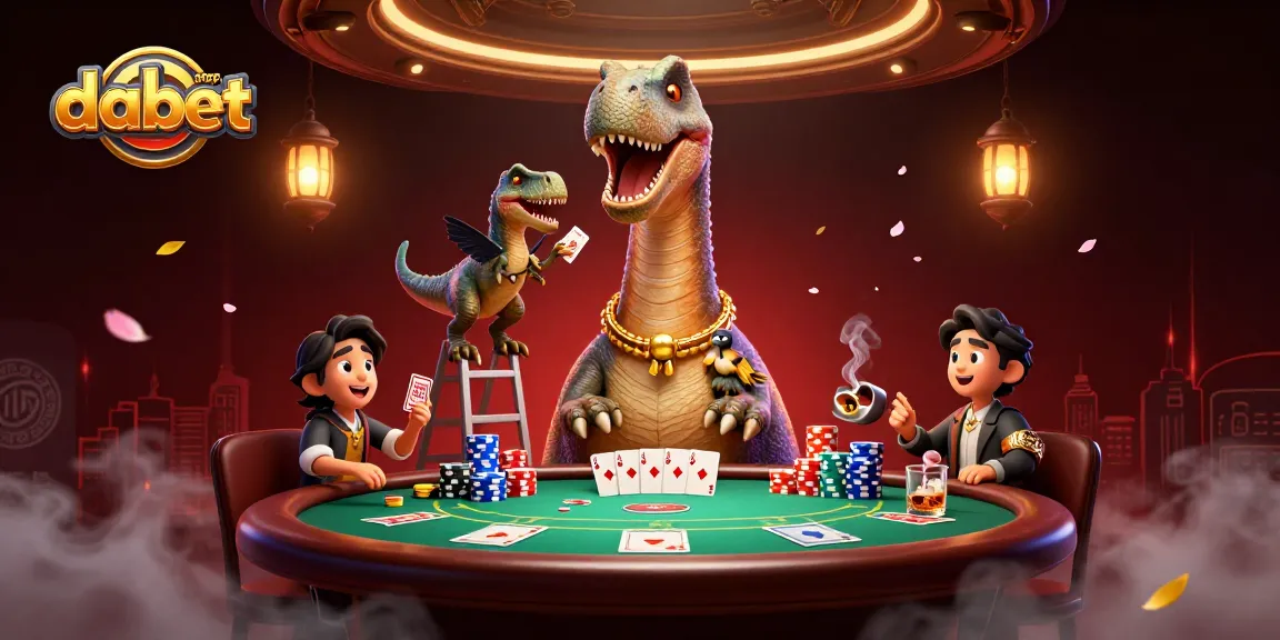 dabet features a whimsical 3D scene with a brontosaurus at a poker table, cards flying around.
