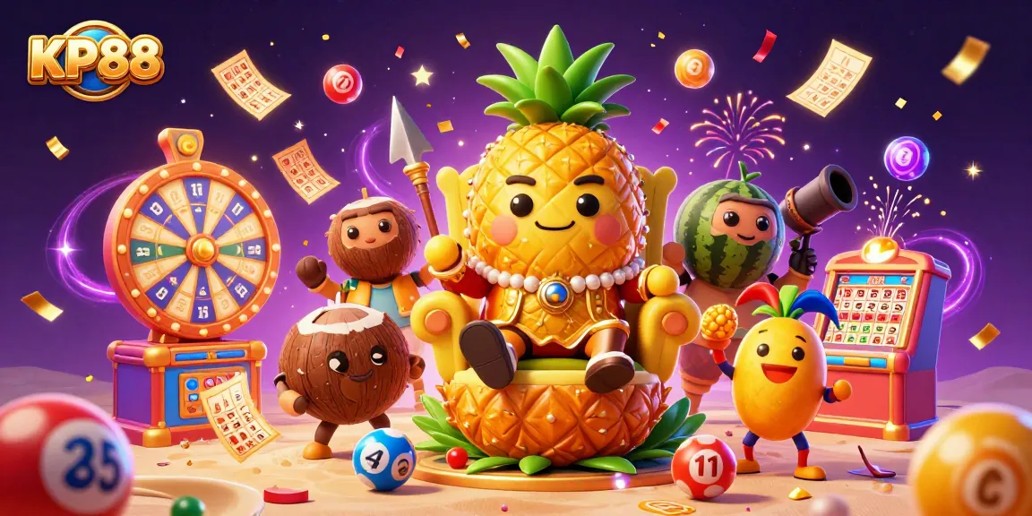 Experience the excitement of KP88 with a golden pineapple king and vibrant gambling elements.
