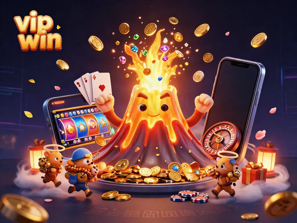 Experience the excitement of vip win with a golden volcano erupting coins and tiny treasure-seeking animals in this captivating game scene.