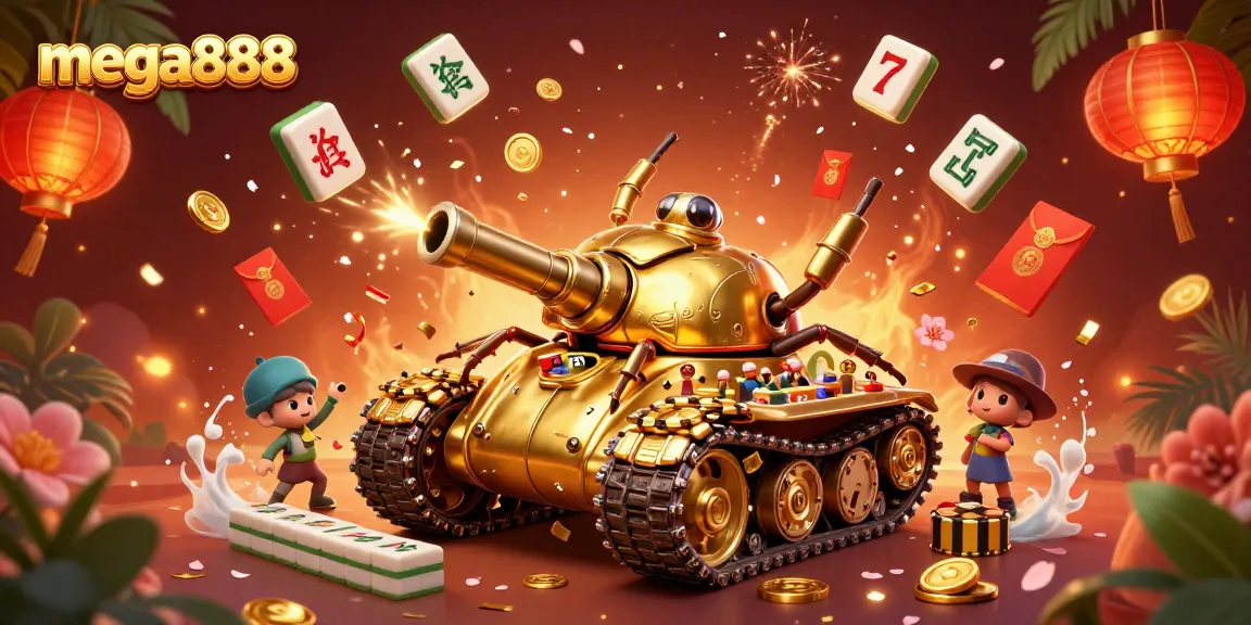 Experience mega888 excitement with a golden beetle tank revealing a vibrant miniature casino scene.