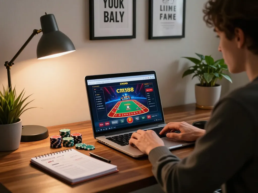 Player strategizing winning moves at cm88 online casino using laptop in a cozy setup.