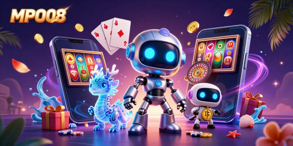 Engaging MPO08 platform featuring a vibrant 3D cartoon cyberpunk robot, gaming elements, and a beautiful backdrop.