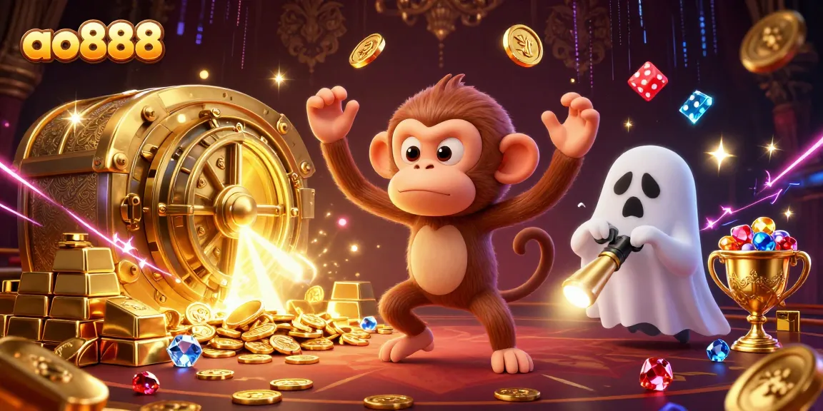Engage in treasure hunting at ao888, with a mischievous monkey juggling coins in a haunted casino.
