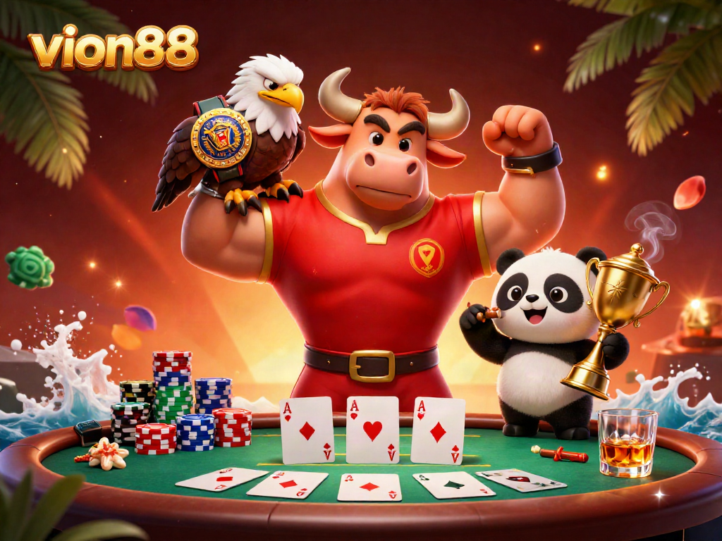 Players winning big at vion88, featuring a bull mascot celebrating beside a trophy and poker chips.