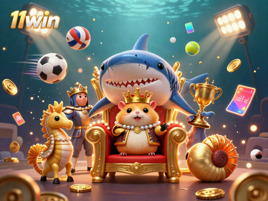 11win showcases a fierce hamster king on a megalodon throne amidst dynamic casino game elements.