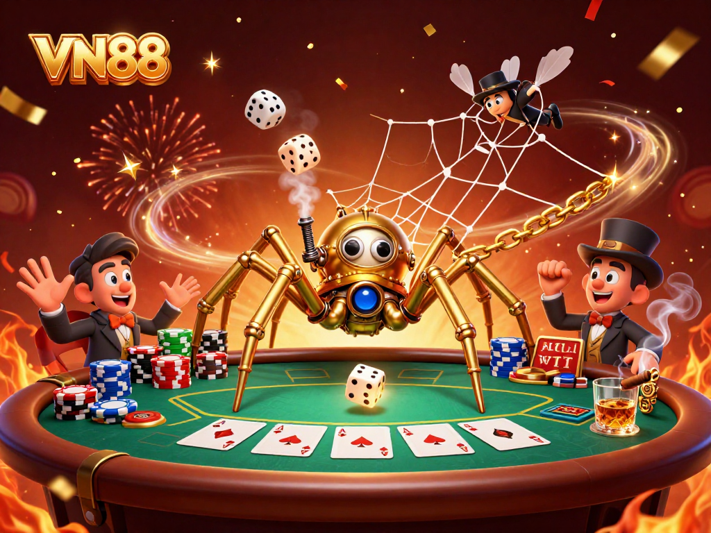 Engage with VN88's thrilling gaming atmosphere captured in a vibrant 3D illustration featuring unique characters and casino elements.