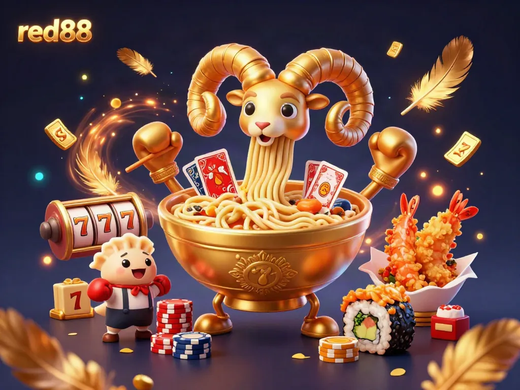 Experience the thrill of action at red88 with a giant ramen bowl character dealing cards in a vibrant casino setting.