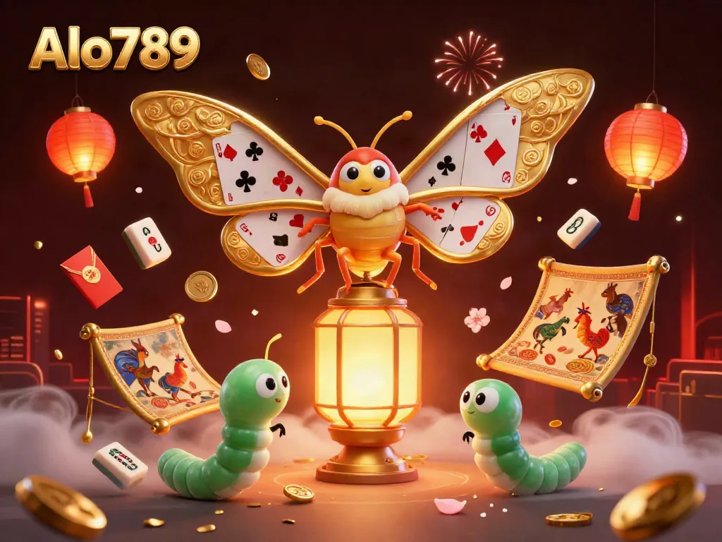 Alo789 offers engaging cockfighting experiences, featuring a golden moth symbolizing the excitement of gambling.