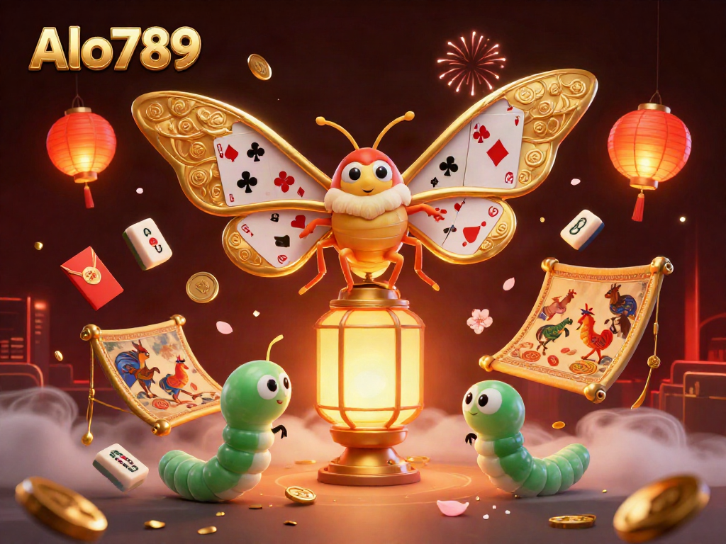Alo789 offers engaging cockfighting experiences, featuring a golden moth symbolizing the excitement of gambling.