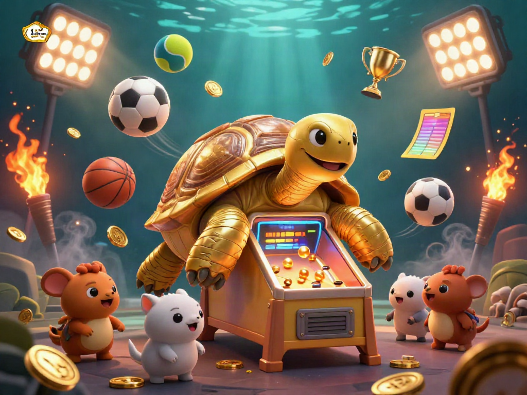 Experience the thrill of a vibrant bitcoin casino australia with a golden tortoise pinball and casino elements.