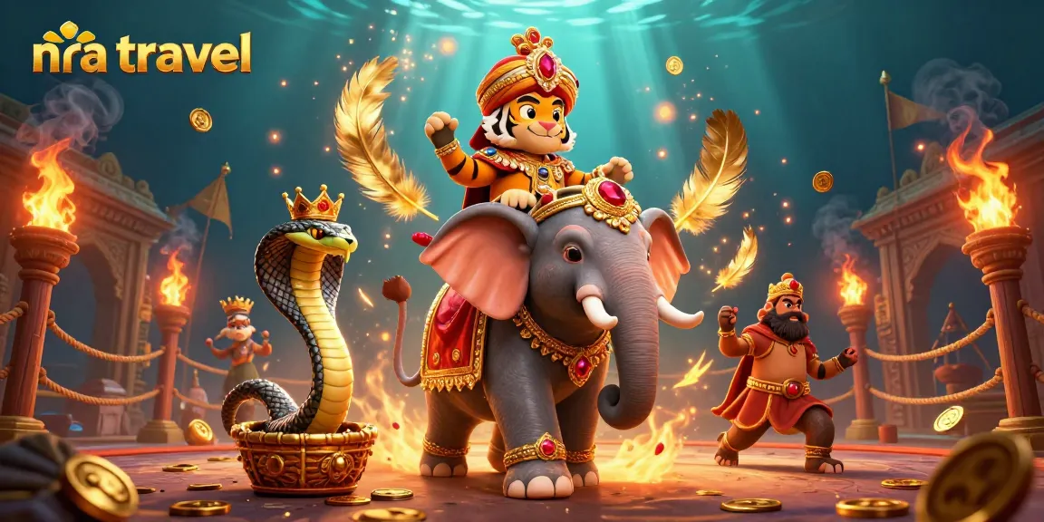 Engage with nra travel's unique offerings, featuring a 3D maharaja tiger and a jewel elephant in a colorful casino scene.