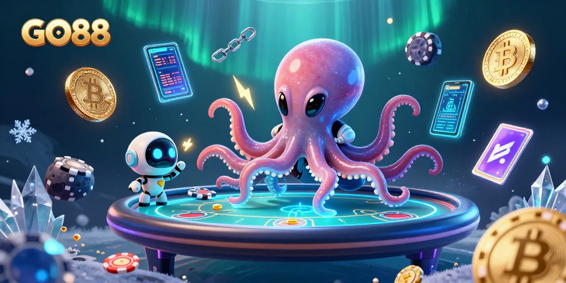 Engage in thrilling GO88 casino games with an alien octopus and crypto elements in this vibrant illustration.