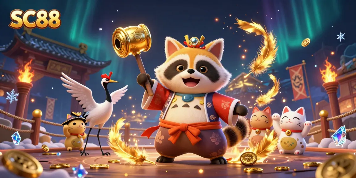 Experience SC88 with a vibrant 3D casino scene showcasing a cheerful tanuki and fortune cats.