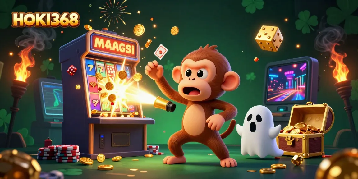 Experience the thrill of gaming with HOKI368 featuring a poltergeist monkey juggling gold in a vibrant casino setting.