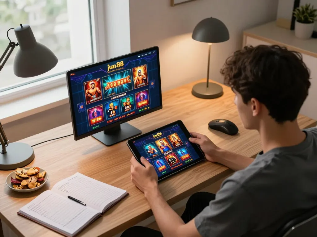 Gaming enthusiast explores the jun 88 platform on a tablet in a stylish home office setup.