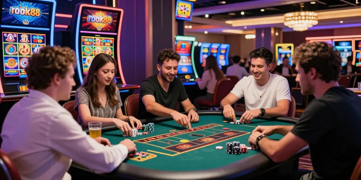 Players enjoying the rokok88 slot in a vibrant casino atmosphere with colorful lights and dynamic action.