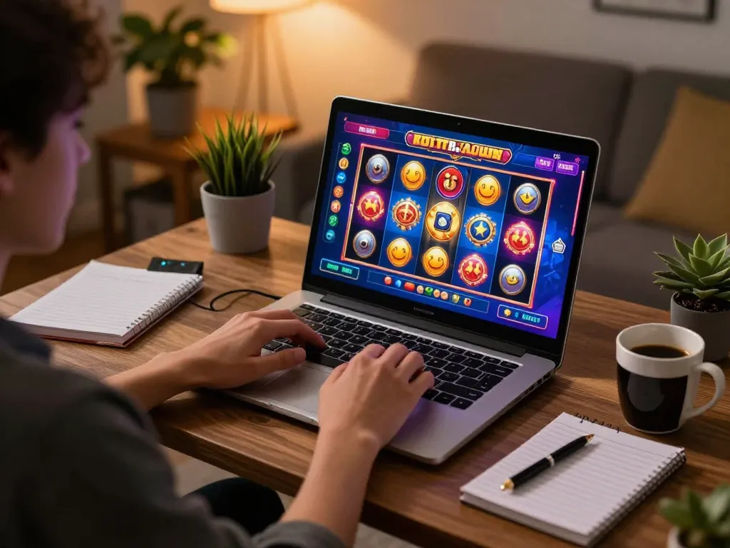 Engaging in Slot Online gaming on a laptop with colorful reels and immersive graphics.