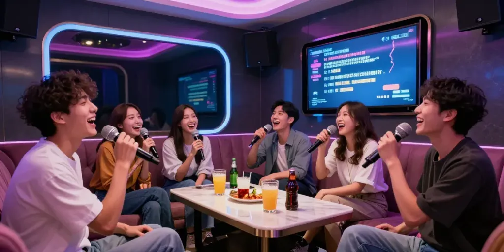 강남 달토에서 친구들이 함께 노래 부르는 생동감 넘치는 장면