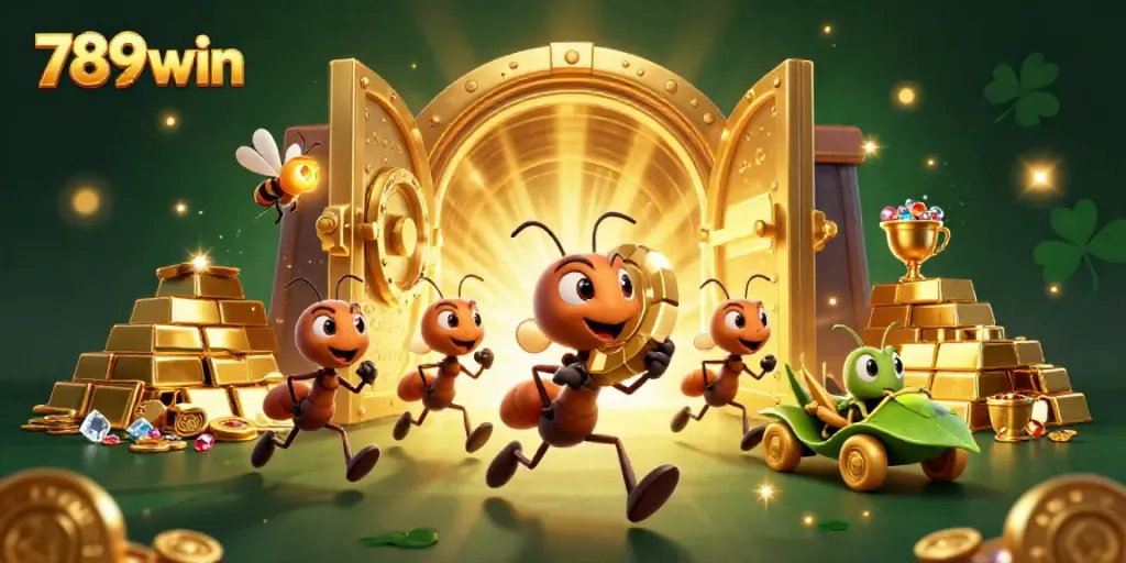 Experience an exciting heist at 789win with a team of ants carrying a massive poker chip in a vibrant tunnel.