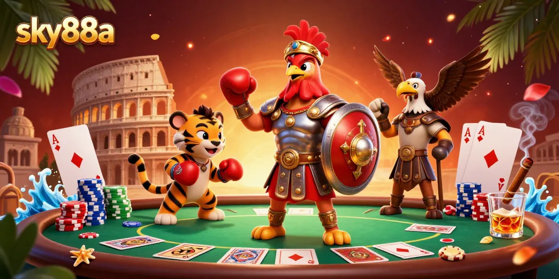 Engage with stunning poker action at sky88a surrounded by vibrant 3D characters and casino elements.
