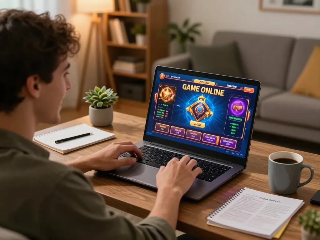Engaged gamer playing GAME ONLINE on laptop at home, showcasing vibrant interface and cozy atmosphere.