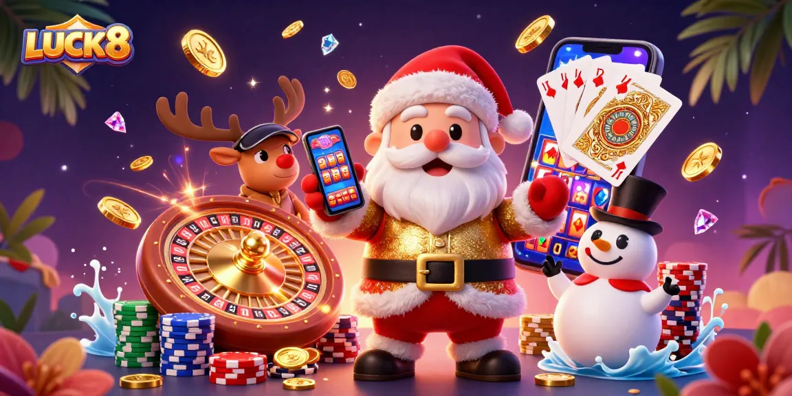 Experience thrilling jackpots with LUCK8 in this vibrant casino scene showcasing festive characters and dynamic gaming elements.