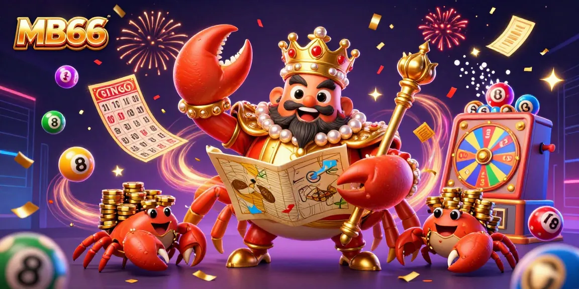 Experience the vibrant thrill of MB66 with a golden crab emperor and dynamic casino elements.