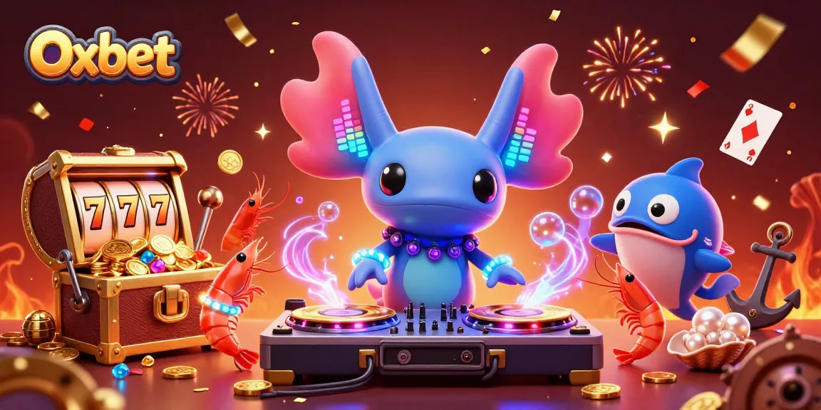 Engage with Oxbet's vibrant casino scene featuring a DJ axolotl and slot games.