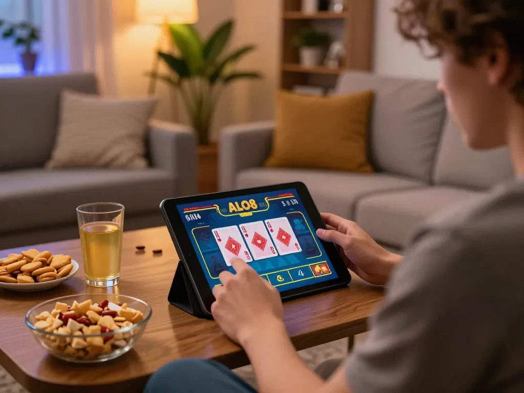 Engaging ALO8 gameplay experience on tablet in a cozy home setting