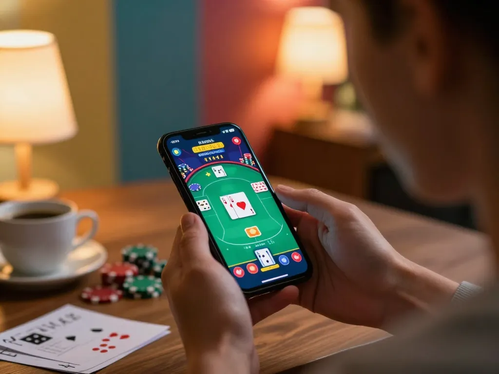 Engaging with online poker gameplay on take2 mobile app in a cozy setting, showcasing responsible gambling