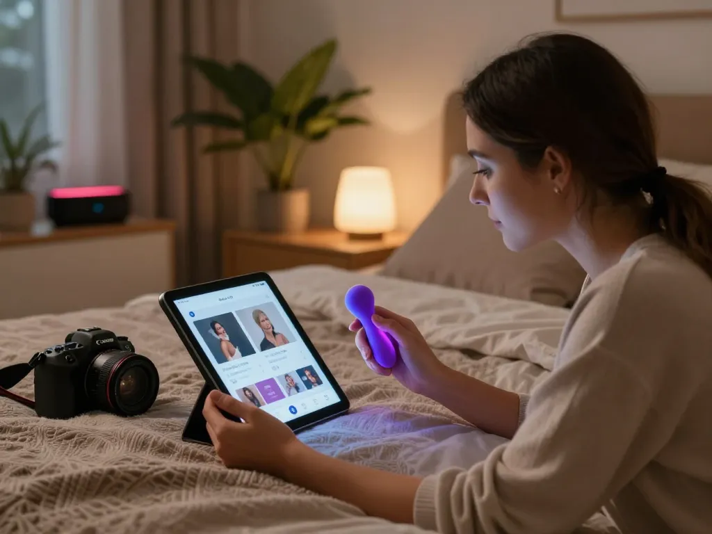 Couple exploring AI sex technology in intimate bedroom setting.