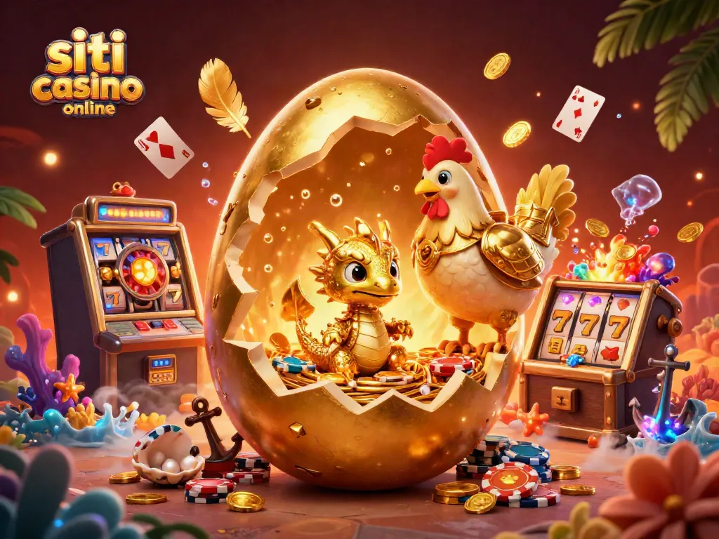 Scopri i siti casino online con un drago d'oro e gettoni in un'illustrazione 3D vibrante.