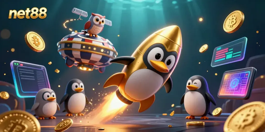 Engage in exciting net88 gaming adventures with a golden penguin soaring towards a poker chip casino.