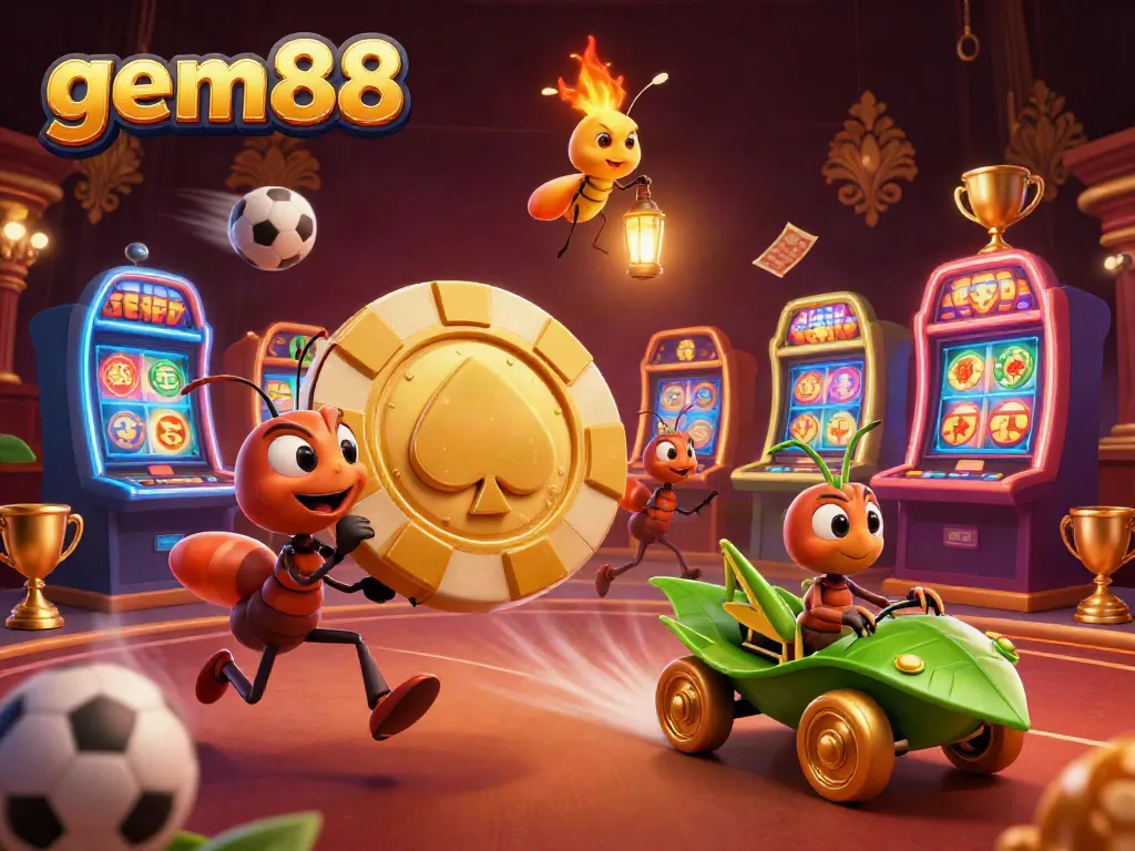 Ants on a heist with a golden poker chip in a vibrant gem88 casino scene filled with lively elements.