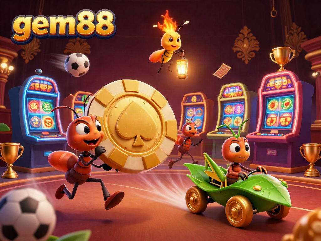 Ants on a heist with a golden poker chip in a vibrant gem88 casino scene filled with lively elements.