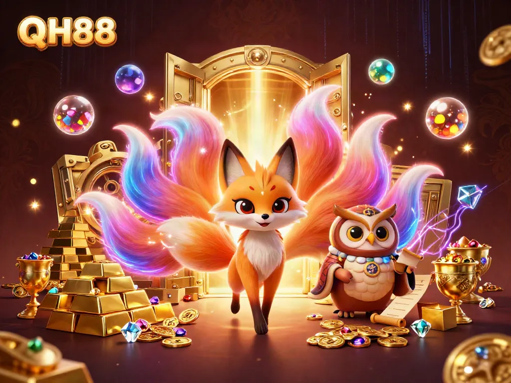 Engage in thrilling casino adventures with QH88, featuring a colorful nine-tailed fox and wise owl amidst treasures.