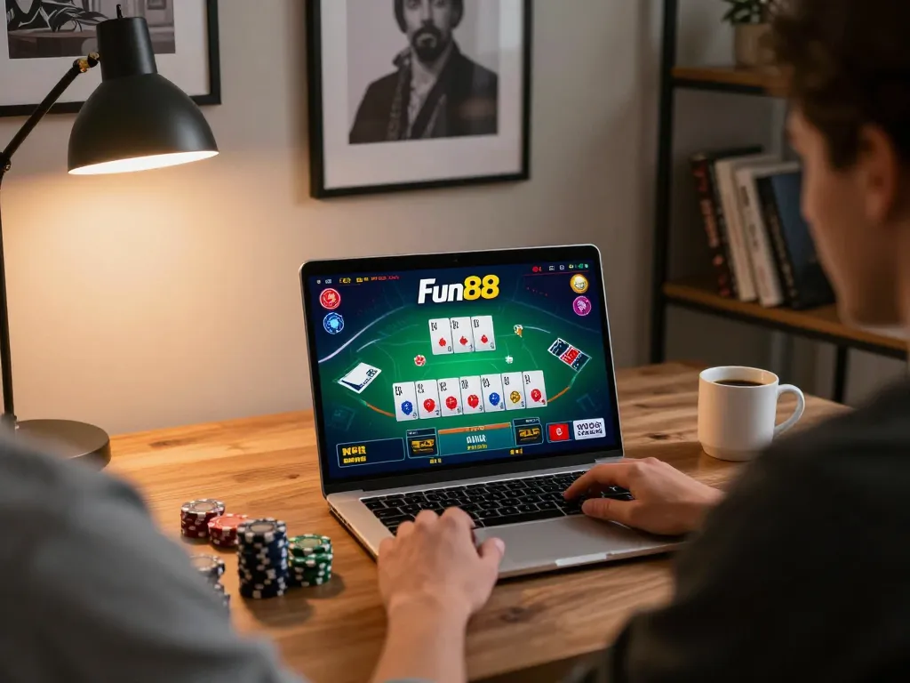 Engaged player exploring Fun88 live dealer games on laptop at home with cozy lighting.